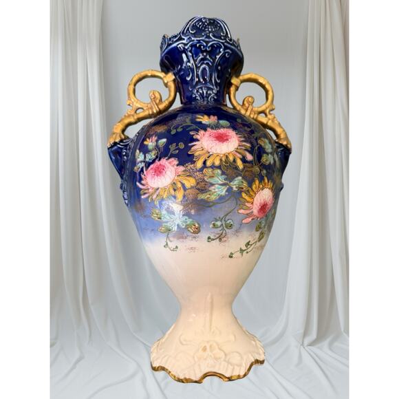 Antique Cobalt Blue Hand-Painted Floral Urn Vase, Gold Gilt Handles, 1890-1920 - Picture 4 of 10